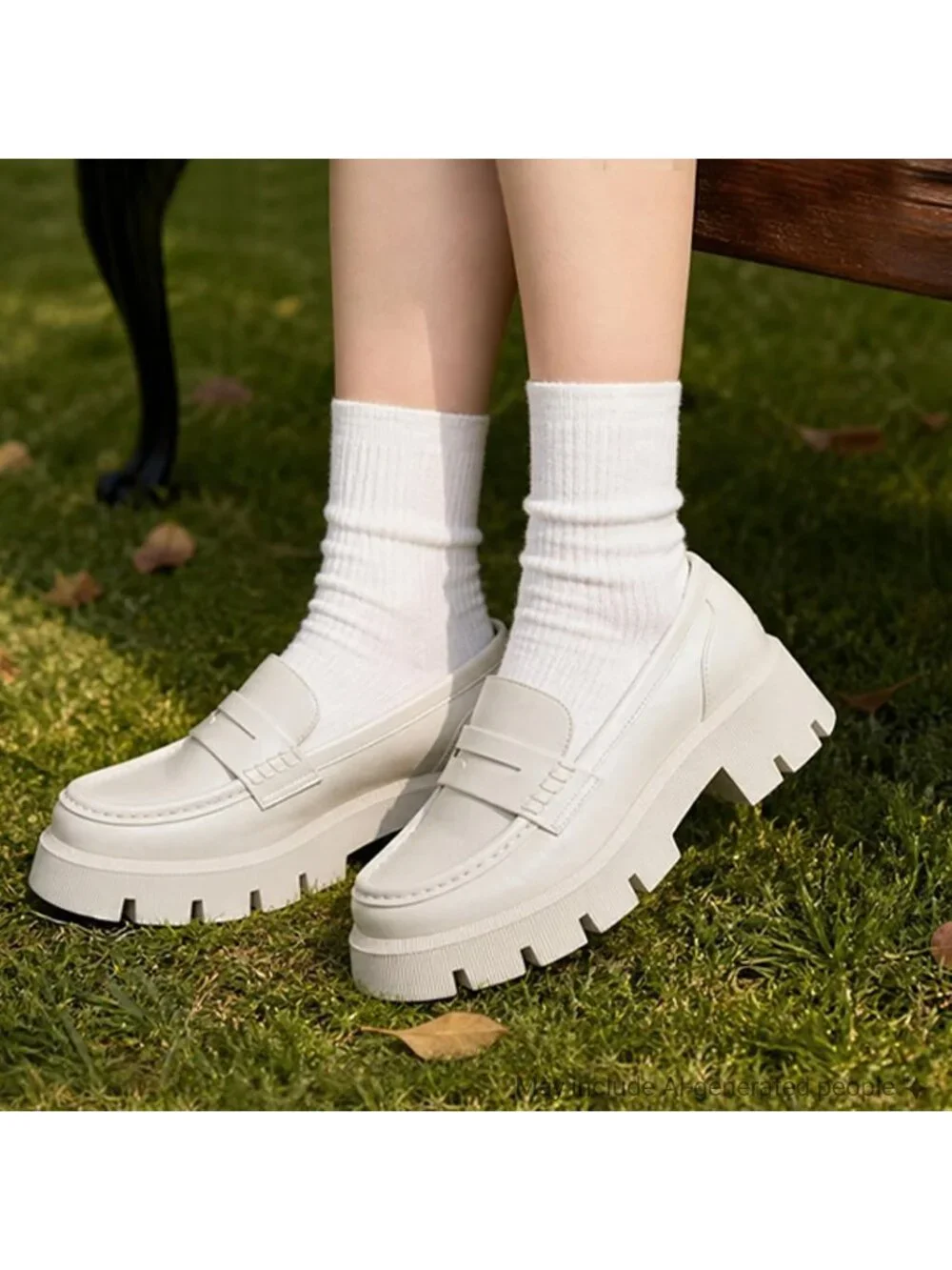 Women's Beige Round Toe Heeled Chunky Lug Sole Slip On Casual Penny Loafer Shoes
